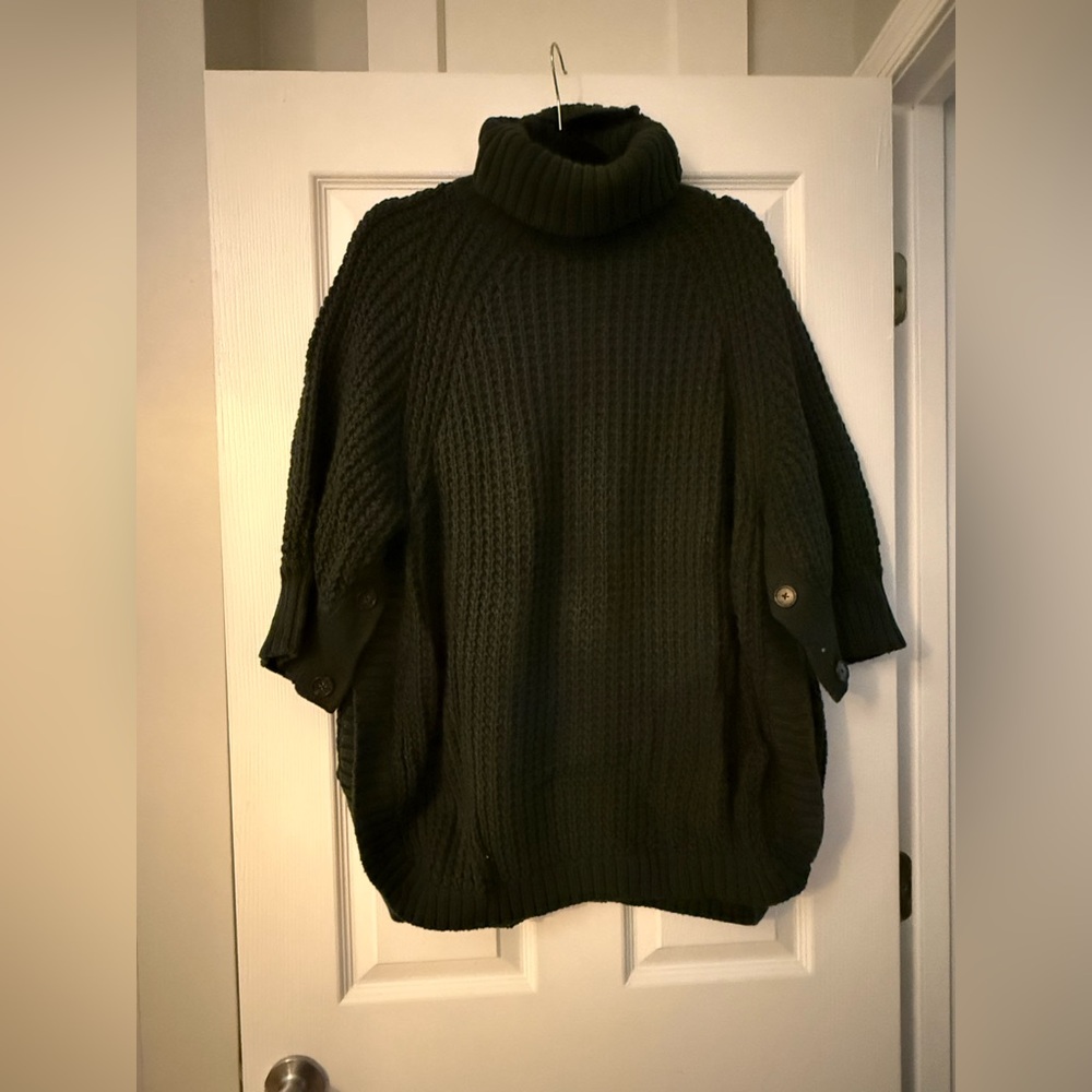 JCrew Button Sleeve Turtleneck Poncho - Heather Forest